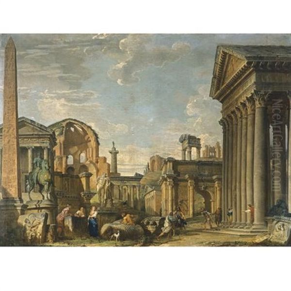 An Architectural Capriccio Of Roman Ruins And The Statue Of Marcus Aurelius On Horseback With A Soldier Returning, Other Soldiers And Figures Nearby Oil Painting by Giovanni Paolo Panini