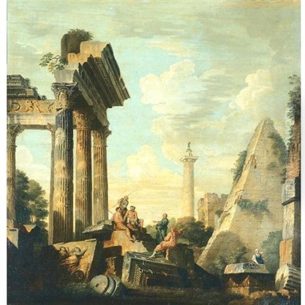 Architectural Capriccio With Trajan's Column And The Pryamid Of Cestius Oil Painting by Giovanni Paolo Panini