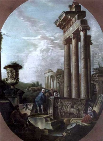 Architectural Capriccio Of Classical Ruins With Figures Inspecting Stone Relief Oil Painting by Giovanni Paolo Panini