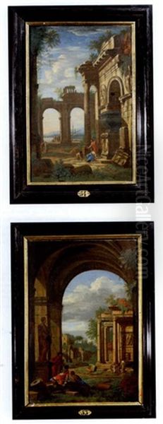 Architekturcapriccio Mit Romischen Ruinen Und Hafen (+ Another Similar; Pair) Oil Painting by Giovanni Paolo Panini