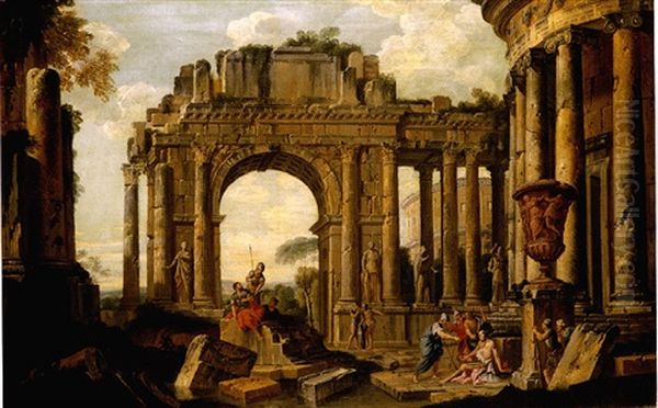 An Architectural Capriccio With Belisarius And Soldiers Among Ruins Oil Painting by Giovanni Paolo Panini