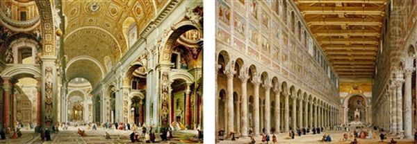 Interior Of Saint Peter's, Rome, Looking West Towards The Tomb Of Saint Peter, With Numerous Worshippers And Other Figures In The Nave Oil Painting by Giovanni Paolo Panini