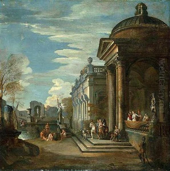 A Capriccio Of Classical Buildings By A Pool Oil Painting by Giovanni Paolo Panini