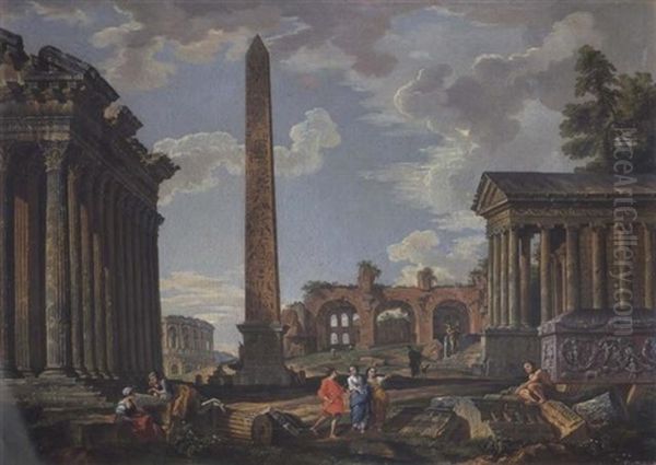 Veduta Ideata, Con Obelisco, Il Tempio Di Adriano E Quello Della Fortuna Virile Oil Painting by Giovanni Paolo Panini