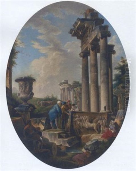 A Capriccio Of Classical Ruins With Figures Inspecting A Stone Relief Oil Painting by Giovanni Paolo Panini