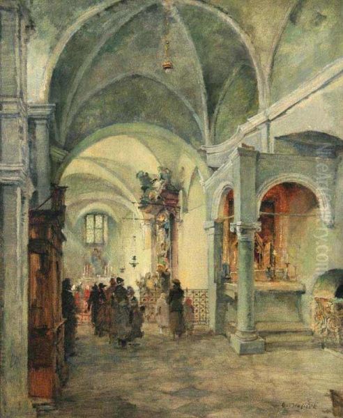 A Church Interior Oil Painting by Oldrich Blazicek