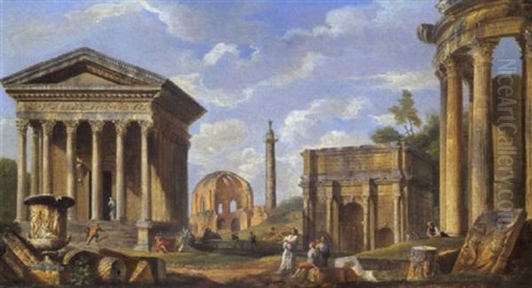 Veduta Ideata Con Il Vaso Medici, Il Tempio Della Maison Carree Di Nimes, Il Tempio Di Minerva Medica, La Colonna Di Marc'aurelio, L'arco Di Settimio Severo, Il Tempio Di Vesta Oil Painting by Giovanni Paolo Panini