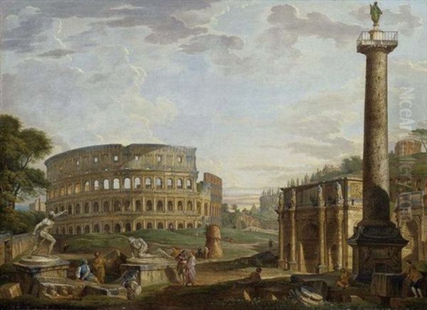 Capriccio View Of The Colisseum And Arch Of Constantine Near The Roman Forum, With The Statue Of The Dying Gaul And Trajan's Column Oil Painting by Giovanni Paolo Panini