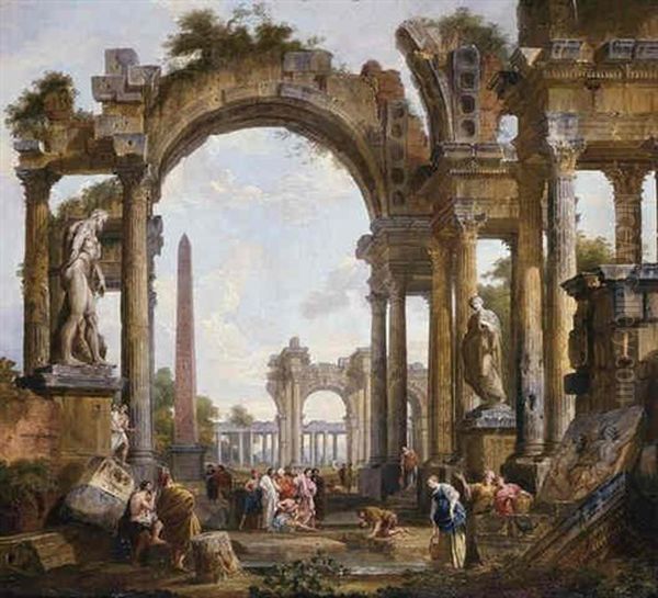 A Capriccio Of Classical Ruins With Christ Healing The Lame At The Pool Of Bethesda Oil Painting by Giovanni Paolo Panini