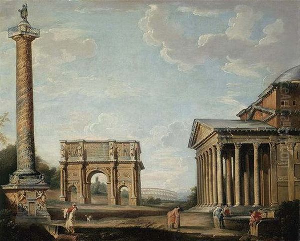 A View Of The Pantheon, Arch Of Constantine, And Trajan's Column With The Coliseum In The Background Oil Painting by Giovanni Paolo Panini