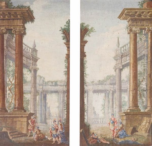 A Capriccio Of Classical Ruins With Soldiers Conversing Oil Painting by Giovanni Paolo Panini