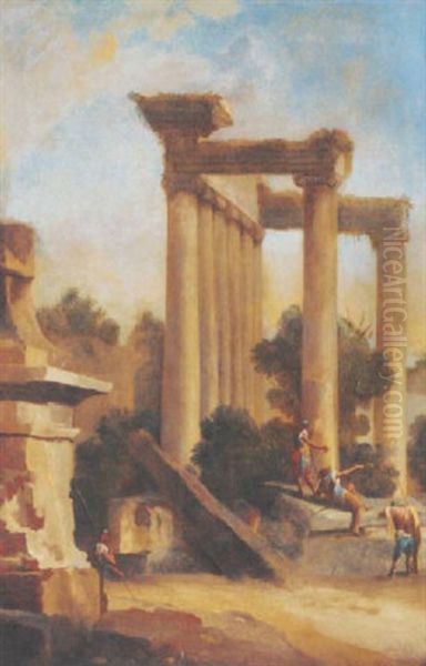 Soldiers Conversing Amongst Classical Ruins Oil Painting by Giovanni Paolo Panini