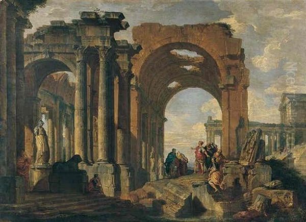 An Architectural Capriccio With Figures Discoursing Among Roman Ruins Oil Painting by Giovanni Paolo Panini