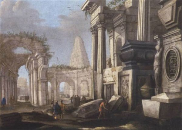 An Architectural Capriccio With Figures Oil Painting by Giovanni Paolo Panini