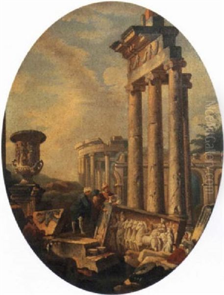 A Capriccio Of Figures Looking At Classical Figures Oil Painting by Giovanni Paolo Panini