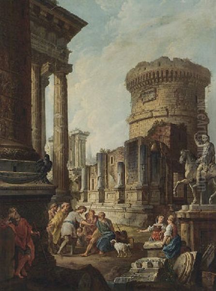 Belisarius Begging Alms In A Capriccio Of Classical Ruins With The Statue And Column Of Marcus Aurleius Oil Painting by Giovanni Paolo Panini