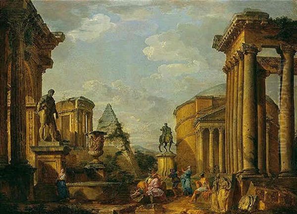 A Capriccio Of Roman Monuments With Saint Peter Preaching Oil Painting by Giovanni Paolo Panini