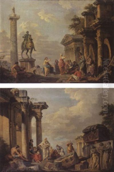 Caprice Architectural Avec La Statue De Marc Aurele, La Colonne Trajane, Le Fronton De La Basilique De Maxence Et Le Portique Du Forum De Nerva Oil Painting by Giovanni Paolo Panini