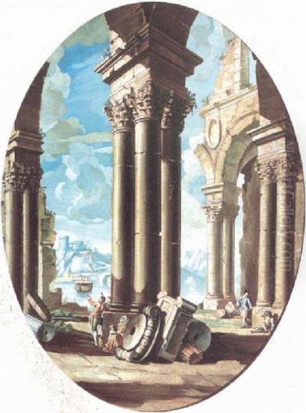 A Capriccio View With Figures By Ruined Columns Oil Painting by Giovanni Paolo Panini