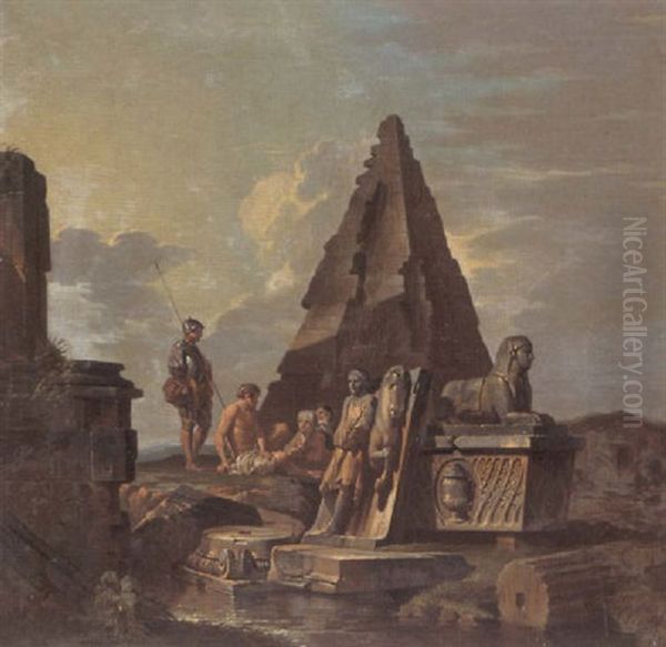 Figures By A Capriccio Of Classical Ruins, Including The Pyramid Of Caius Cestius Oil Painting by Giovanni Paolo Panini