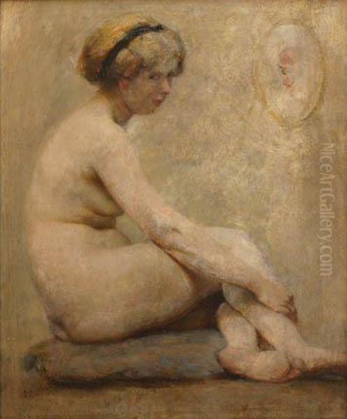 Seated Female Nude Oil Painting by Oldrich Blazicek