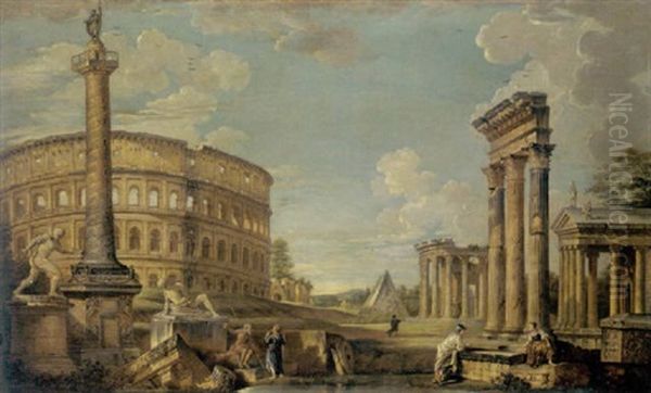 A Capriccio View Of Roman Ruins With Belisarius Begging For Alms, The Borghese Gladiator, The Dying Gaul, The Colosseum, Trajan's Column... Oil Painting by Giovanni Paolo Panini