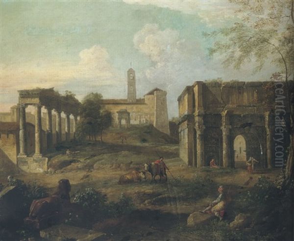 Rome, A Capriccio Of The Forum With Soldiers And Drovers Resting Among Classical Ruins Oil Painting by Giovanni Paolo Panini