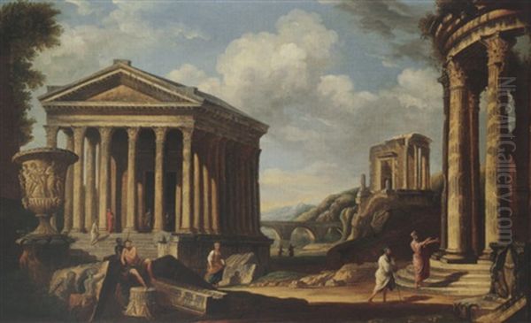 Capriccio Of Classical Ruins, With The Borghese Vase, The Maison Carree At Nimes, The Pont Du Gard Near Nimes, And The Temple Of The Sibyl At Tivoli Oil Painting by Giovanni Paolo Panini