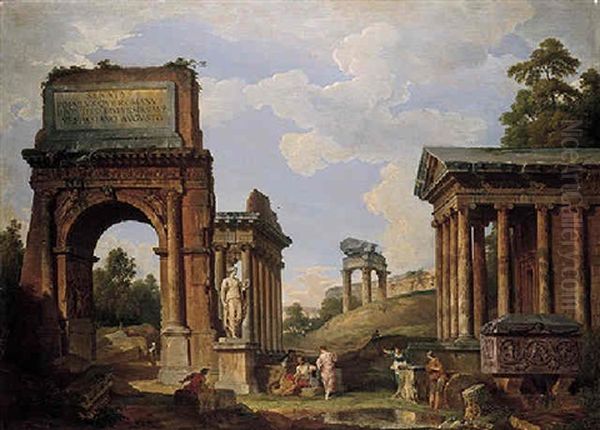 A Capriccio Of Roman Ruins And Monuments, Including The Arch Of Titus Oil Painting by Giovanni Paolo Panini