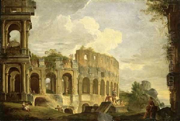 A Capriccio View Of The Colosseum With Rustic Figures In The Foreground, The Temple Of The Sybil At Tivoli Beyond Oil Painting by Giovanni Paolo Panini