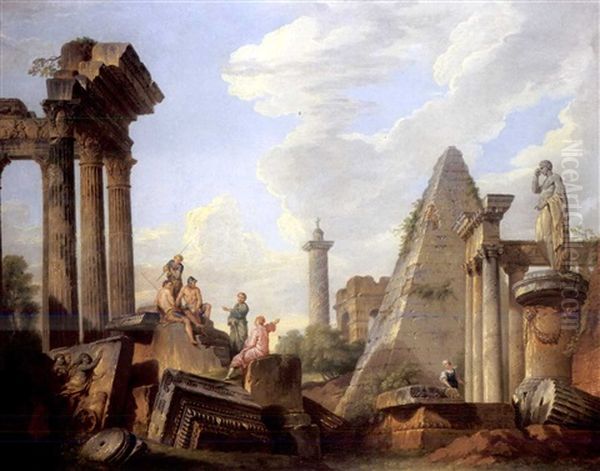 Clasical Figures Conversing Amongst Ancient Ruins Including The Pyramid Of Gaius Cestius by Giovanni Paolo Panini