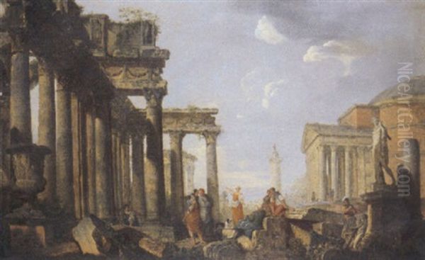 Capriccio Con Rovine Classiche, Il Vaso Medici, La Colonna Antonina, Il Pantheon E L'apollo Belvedere E Astanti Vari Oil Painting by Giovanni Paolo Panini