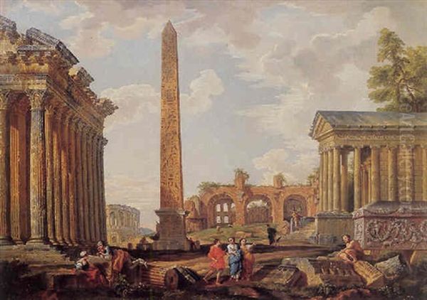 Architectural Capriccio With The Obelisk And The Basilica Di Massenzio Oil Painting by Giovanni Paolo Panini