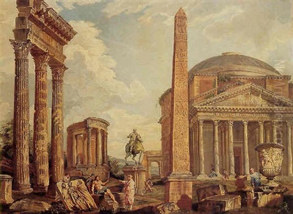 Roman Capriccio With The Pantheon And The Obelisk Oil Painting by Giovanni Paolo Panini