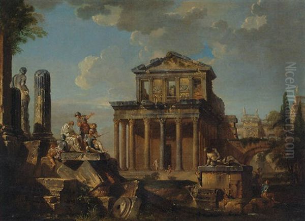 Soldiers Listening To A Philosopher On A Pile Of Broken Columns Before The Temple Of Antoninus Pius And Anna Galeria Faustina Oil Painting by Giovanni Paolo Panini