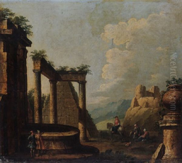 An Architectural Capriccio Of Ruins With Figures Conversing And Others Resting, A Lady On A Horse Nearby Oil Painting by Giovanni Paolo Panini