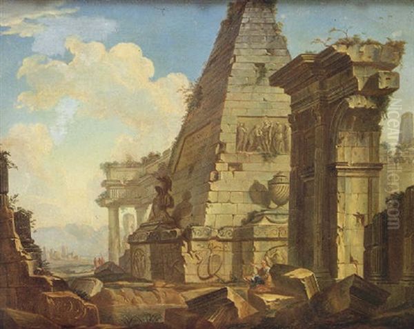 Capricho Arquitectonico Con Piramide Y Figuras Oil Painting by Giovanni Paolo Panini