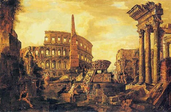 Veduta Ideata Del Colosseo E Delle Tre Colonne Del Tempio Dei Dioscuri Oil Painting by Giovanni Paolo Panini