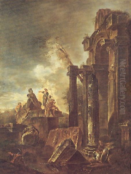 Capriccio Con Ruderi Romano E Figure Oil Painting by Giovanni Paolo Panini