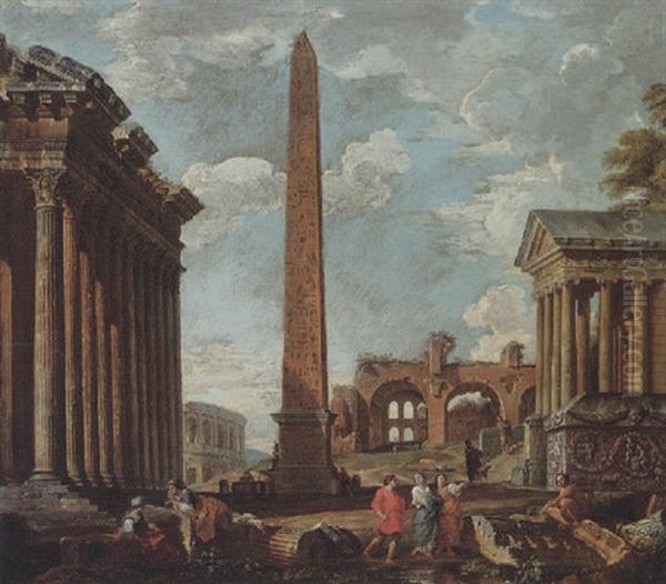 Classical Ruins With Figures By The Sarcophagus Of Constantine, An Obelisk, The Temple Of Fortuna, The Colosseum And The Basilica Of Maxentius Beyond Oil Painting by Giovanni Paolo Panini