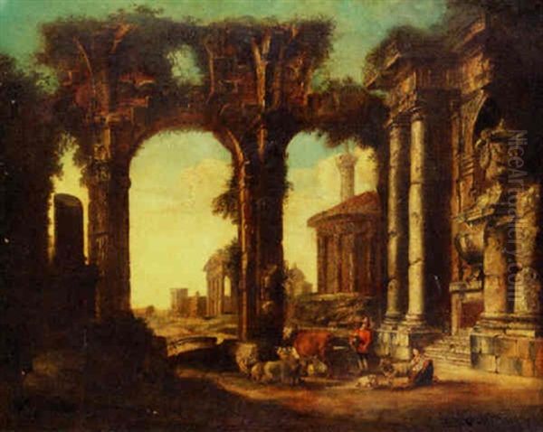 A Capriccio Of Classical Ruins With Drovers Oil Painting by Giovanni Paolo Panini