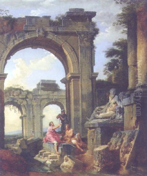 Classical Ruins With Three Figures Conversing Before A Statue Of A River God Oil Painting by Giovanni Paolo Panini