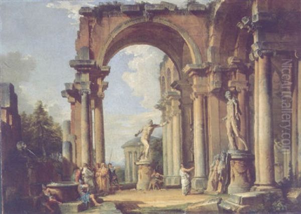 A Ruined Loggia With Figures Conversing By The Borghese Gladiator And The Apollo Belvedere, The Basilica Of Maxentius And The Temple Of Vesta Beyond Oil Painting by Giovanni Paolo Panini