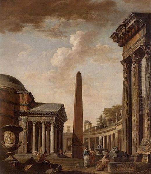 An Architectural Capriccio With The Pantheon, An Obelisk, The Borghese Urn, A Philosopher And Other Figures Conversing Oil Painting by Giovanni Paolo Panini