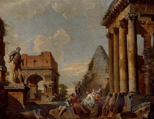 Soldiers And Other Figures Resting Among Antique Ruins, Beside An Ionic Portico And A Statue Of The Farnese Hercules Oil Painting by Giovanni Paolo Panini