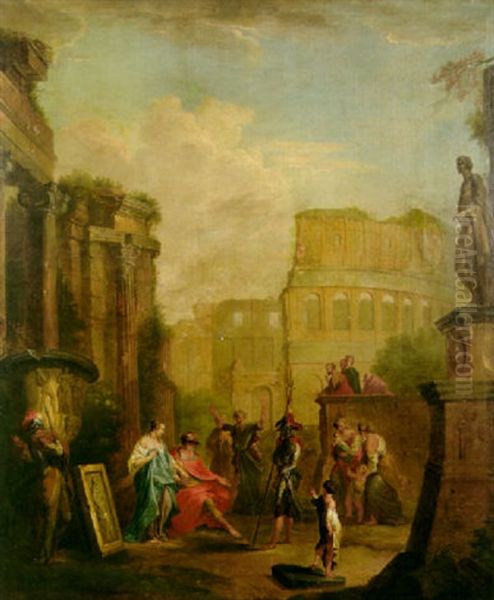 Classical Figures And Roman Soldiers In The Forum With The Coliseum Behind Oil Painting by Giovanni Paolo Panini