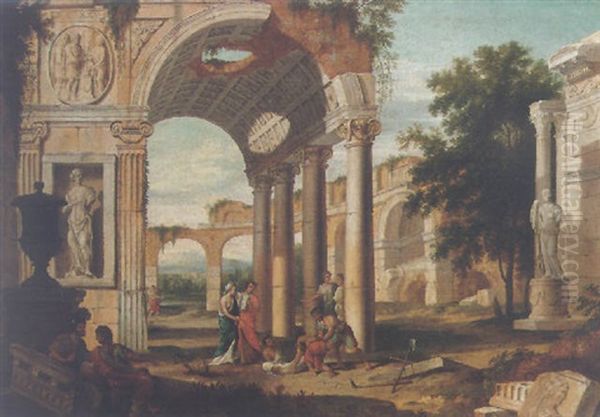 An Architectural Capriccio With Figures Among Antique Ruins Oil Painting by Giovanni Paolo Panini