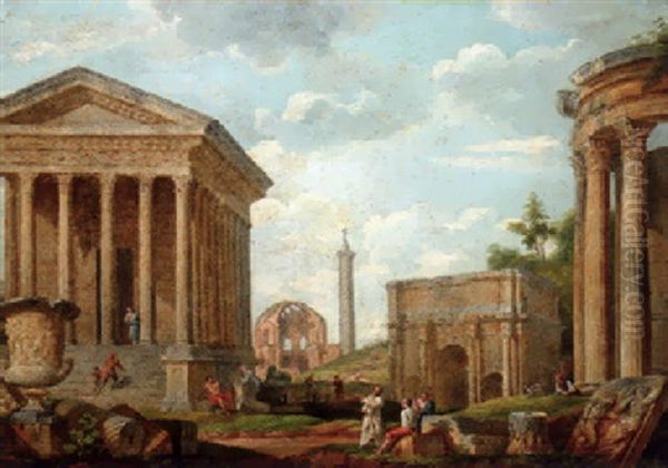 A Capriccio Of The Maison Caree At Nimes, The Arch Of Septimus Severus, Trajan's Column, Temples Of Minerva Medica And Vesta, And Philosophers Oil Painting by Giovanni Paolo Panini