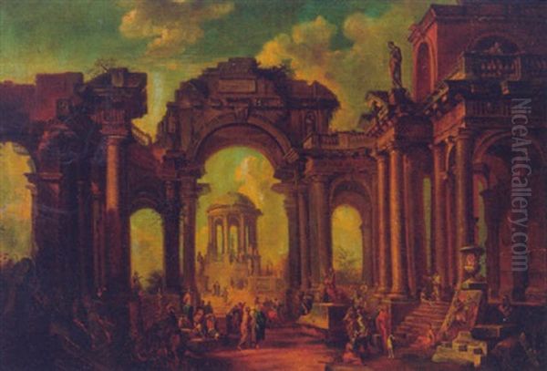 Figures In A Classical Capriccio Oil Painting by Giovanni Paolo Panini