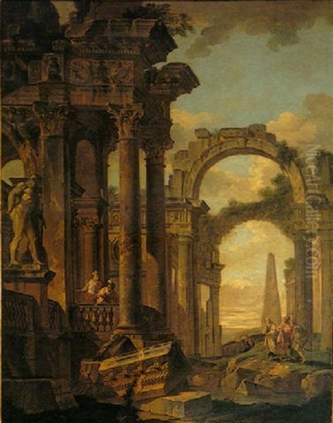 Classical Landscape With Figures And Ruins Oil Painting by Giovanni Paolo Panini